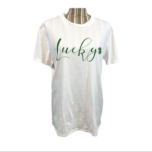 Lucky 🍀 T-shirt white w green lettering